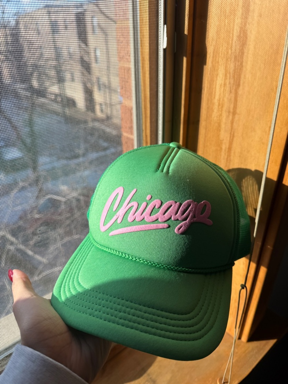 Alice + Wonder Green Trucker Hat with Pink "Chicago" Script